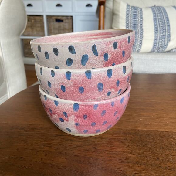 Old House Pottery Seagrove NC Fred Beane Pink and Blue Polka Dot Bowls (3) - Picture 1 of 6
